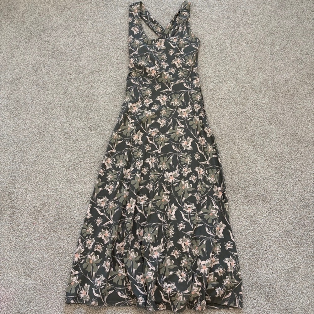 Pact Fit and Flare Maxi Dress Womens M Green Floral Organic Cotton Casual